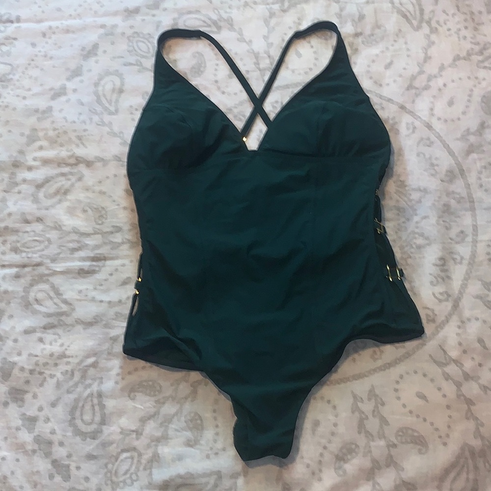 Amoressa One Piece Green V Neck Swim Swimsuit Sz 14